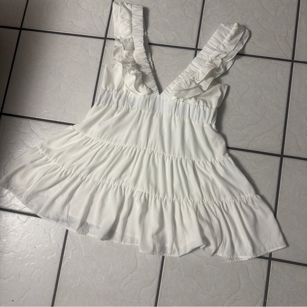 Shein Womans large White Dress Mini Flutter Ruffle Sleeve Plain Coastal Elegant